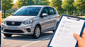 Carro usado ao lado de uma lista de avaliação