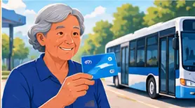 Pessoa idosa com cartão ao lado de um ônibus