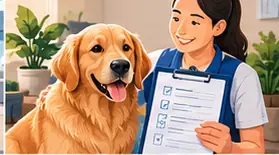 Pessoa com cão e lista de cuidados