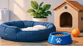 Espaço organizado com cama e recipientes para pet